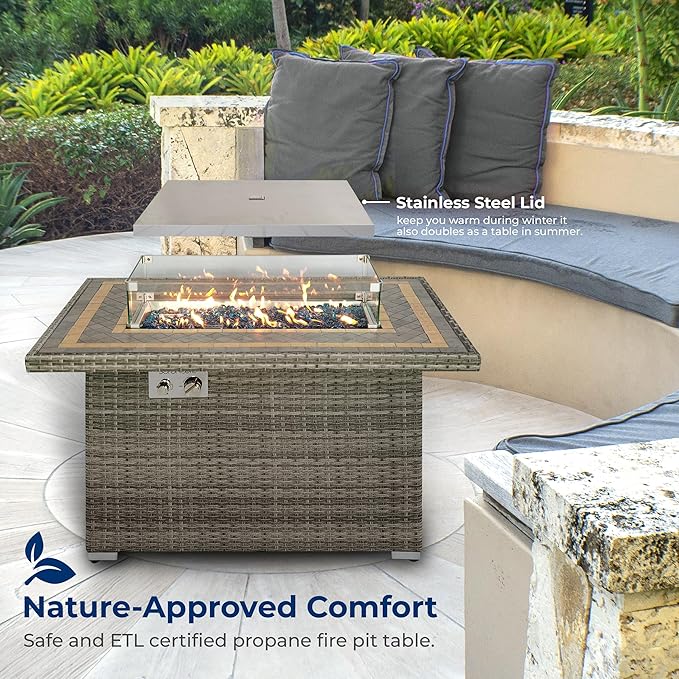 SereneLife Sturdy Wicker Base Propane Fire Pit Table with Tile Top, Patio Heater & Propane Heater, Sliding Door, Stainless Steel Burner, Tempered Glass Wind Guard, 50000 BTU, Weather Resistant