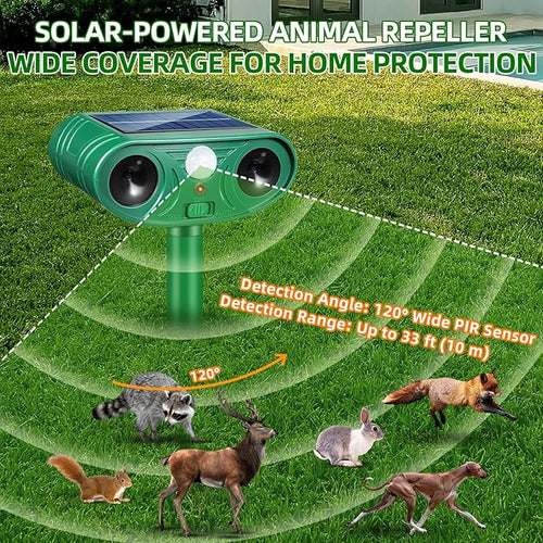 2 Pack Solar Ultrasonic Animal Repeller Outdoor with Motion Sensor Deer Repellent Devices for Squirrel Repellent Cat Rabbit Skunk Coyote Raccoon Repellent Outdoor Fox Deterrent for Yard