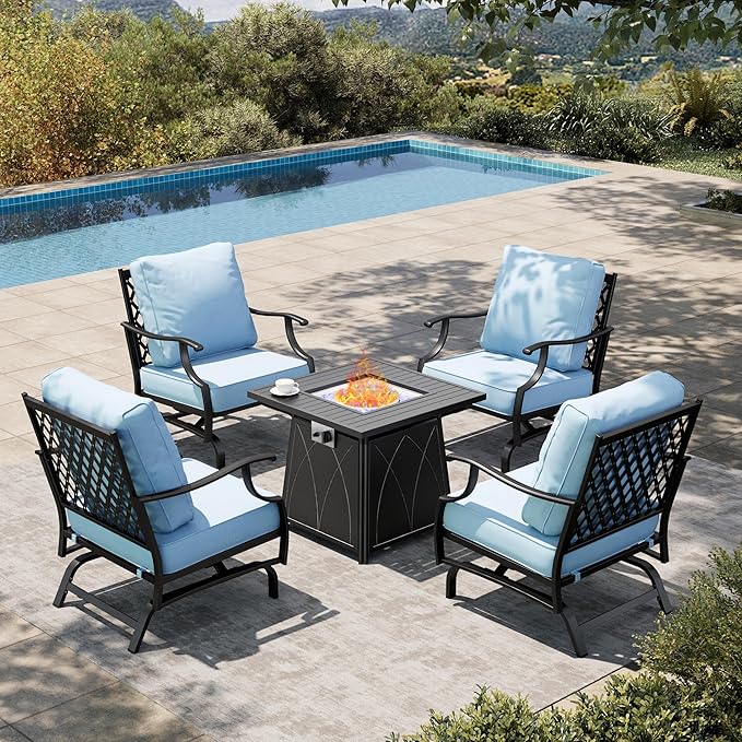 HERA'S HOUSE 5 Pieces Patio Furniture Set with Fire Pit Table, 4 x Thick Cushioned Rocking Chairs, 1 x 28 Fire Pit Table (50,000 BTU), Outdoor Conversation Set for Garden, Backyard, Lawn, Blue