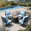 HERA'S HOUSE 5 Pieces Patio Furniture Set with Fire Pit Table, 4 x Thick Cushioned Rocking Chairs, 1 x 28 Fire Pit Table (50,000 BTU), Outdoor Conversation Set for Garden, Backyard, Lawn, Blue