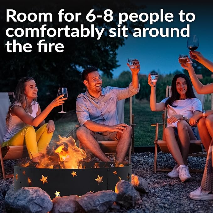 Sunnydaze 36-Inch Outdoor Fire Ring - Portable Metal Fire Pit Ring for Camping or Backyard - 360-Degree Moons and Stars Cutout - Big Sky
