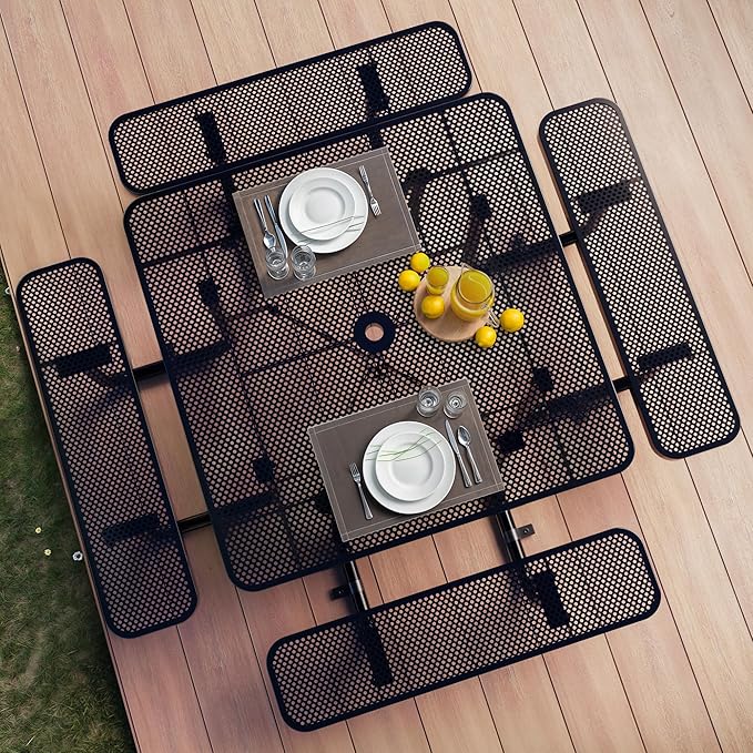 Metal Picnic Tables for Outdoors with Umbrella Hole - Coated Steel Heavy Duty Commercial Grade Furniture with Adjustable Seats (Black, 46 in, Square, Punched Steel)