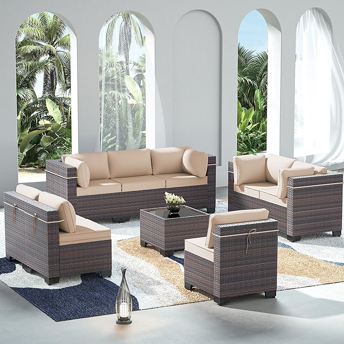 Outdoor Patio Furniture Set, 9 Pieces Outdoor Sectional Furniture Patio Set, All-Weather PE Rattan Patio Conversation Set with Tempered Glass Top Table & Cushions(Brown).