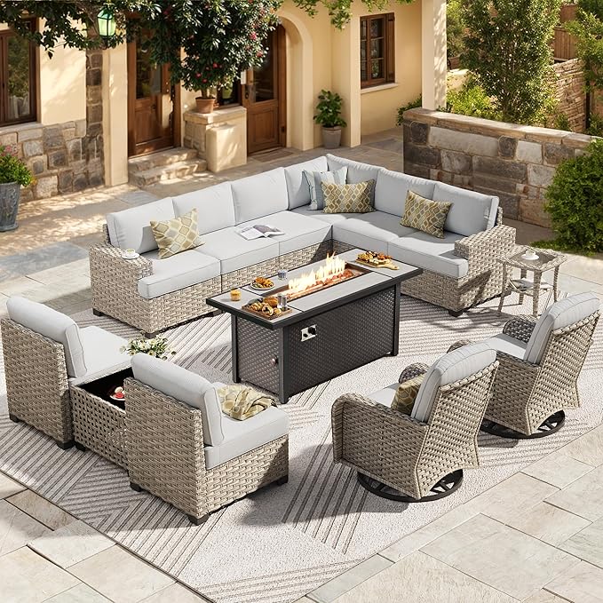 HOOOWOOO Outdoor Sectional Patio Furniture Set with Fire Pit Table,13 Pieces Wicker Conversation Sets L Shaped Couch,Extra Deep Out Door Sofa Outside Furniture with Swivel Rocking Chairs,Light Gray