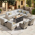 HOOOWOOO Outdoor Sectional Patio Furniture Set with Fire Pit Table,13 Pieces Wicker Conversation Sets L Shaped Couch,Extra Deep Out Door Sofa Outside Furniture with Swivel Rocking Chairs,Light Gray