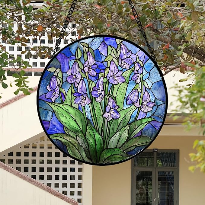 AMDERVEN Stained Glass Suncatcher, Blue Purple Flowers Green Leaves Sun Catcher Plants Stain Glass Window Hanging Decoration Mother's Day Birthday Gifts for Women Men Mom and Nana 15 in