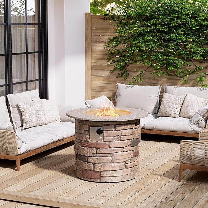 HOMPUS Outdoor Propane Fire Table, 32-inch Imitation Stone Concrete with Rain Cover and Lava Rocks - Smokeless, 40,000 BTU for Patio, Garden, Deck or Backyard