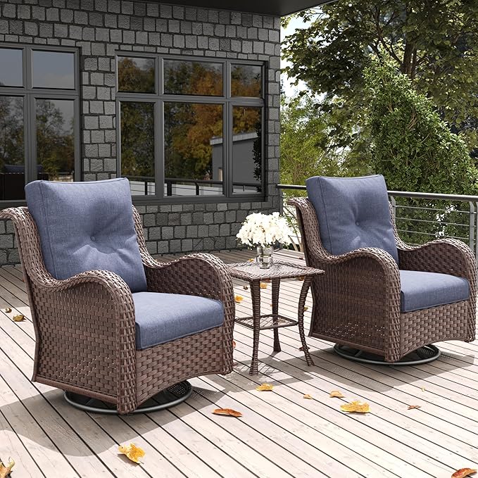 LayinSun 3 Pieces Outdoor Patio Furniture Set, Rattan Wicker Swivel Rocker Chairs Sets with Swivel Glider Chairs and Coffee Table