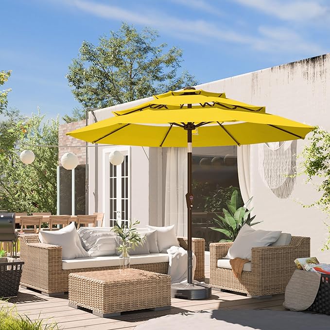Ayge 9FT 3-Tier Large Outdoor Patio Umbrella Market Table Umbrella-UV Resistant,Easy Push Button Tilt and Crank,8 Sturdy Fiberglass Ribs Heavy-Duty Pool Umbrella for Deck,Backyard,Garden,Yard,Yellow