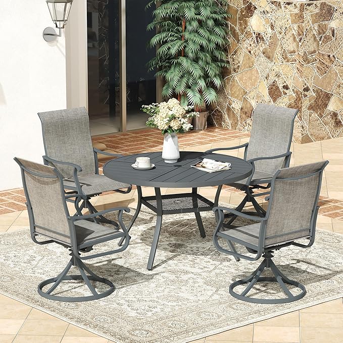 VICLLAX Round Patio Dining Table, 4 Person Metal Outdoor Dining Table with Umbrella Hole and Storage Shelf for Garden Lawn Deck, 40.6" Dark Grey