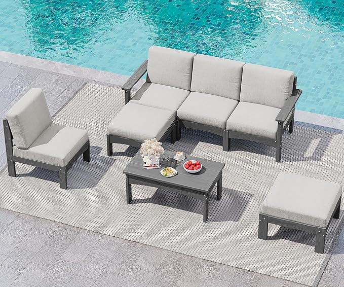 SERWALL 7-Piece Patio Sofa Set, Outdoor Furniture Set, All-Weather HDPE Outdoor Sectional Conversation Set Cushions and Coffee Table, Large Modular Sofas for Garden, Grey Frame with Khaki Cushion