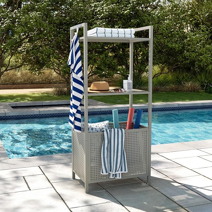 Ulax furniture Harrisburg Pool Float Storage Organizer, Steel Pool Float Holder with Basket Shelf, Towel Bars & Hooks