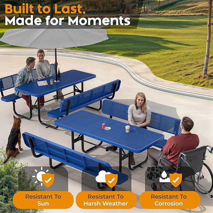 Commercial Heavy-Duty Metal Picnic Table with Backrest - ADA Compliant, Adjustable Seats, Umbrella Hole, Expanded Metal (Blue, 6' Rectangular with Back)