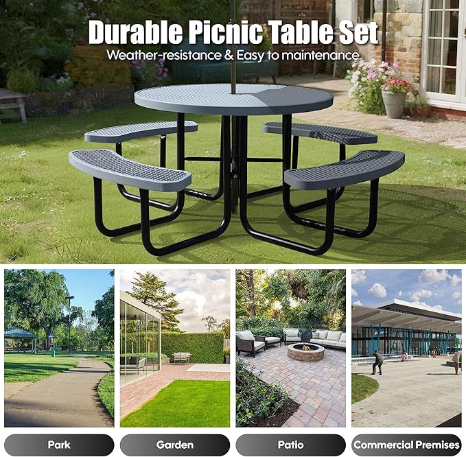8-Person Outdoor Picnic Tables,46" Heavy-Duty Metal Round Picnic Table,Expanded Metal Commercial-Grade Table with 4 Benches & Umbrella Hole,Waterproof Coating Beach Table for Patio,Garden, Backyard