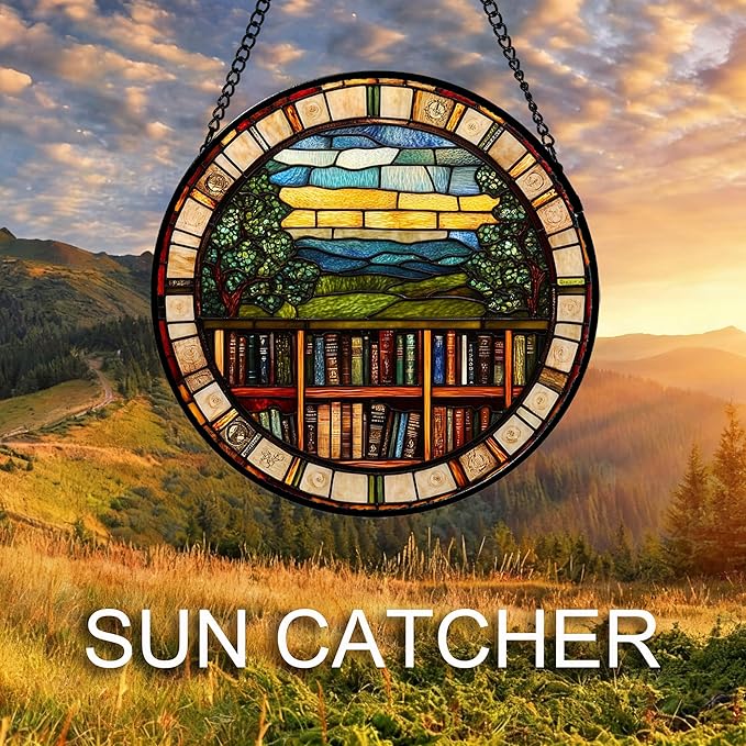 QZQCBLC Stained Glass Window Hanging Retro Books Scenery 6.3" - Abstract Suncatcher Door Garden Sun Catcher Home Decor Birthday Christmas for Mom Men Woman Nana Friend Wife