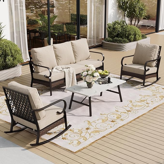SUNSHINE VALLEY 4 PCS Metal Outdoor Patio Furniture Set, Patio Conversation Sets 1 3-Seater Sofa, 2 Rocking Chairs with 5.75" Extra Thick Cushion & Coffee Table, Black Frame Backyard Furniture, Beige