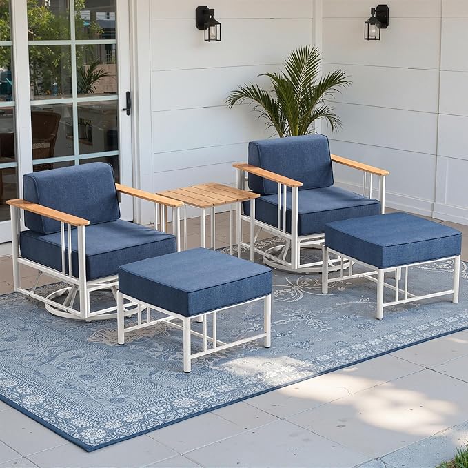 Luxury Patio Swivel Chairs with 6" Extra Thick Cushions, Outdoor Furniture Set with Ottomans and Side Table, Swivel Outdoor Chairs for Porch, Balcony, Deck, Patio, Yard, Poolside, White/Blue