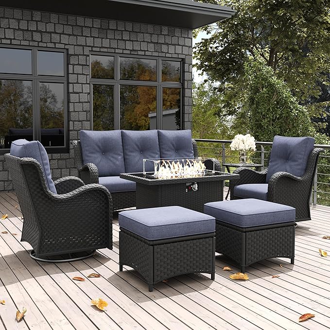 LayinSun 7 Pieces Outdoor Patio Furniture Set with Fire Pit Table, Rattan Wicker Sectional Swivel Rocker Chairs Sets with Ottomans, Swivel Glider Chairs and Coffee Table