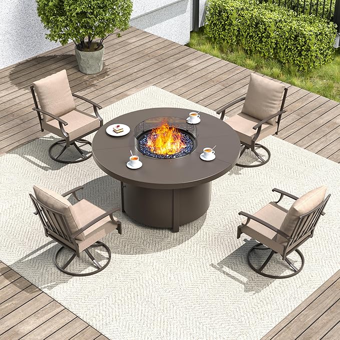 5 Pieces Patio Furniture Set with Round Fire Pit Table, Outdoor Conversation Sets 4 Swivel Chairs with Upgrade Cushions for Patio, Backyard Brown