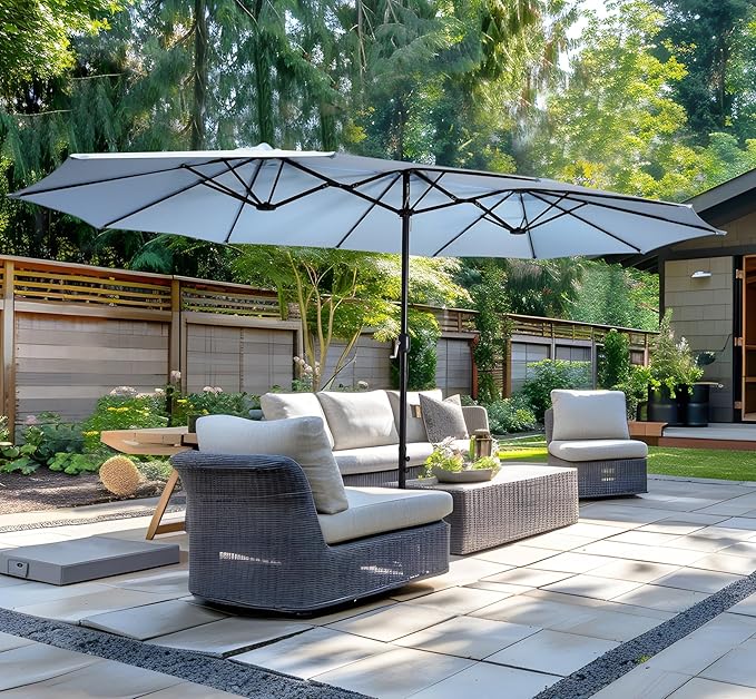 Bigroof 15ft x 9ft Patio Double-Sided Umbrella with Base & Crank, Extra Large Rectangular Outdoor Umbrella for Patio, Lawn & Garden, Beige