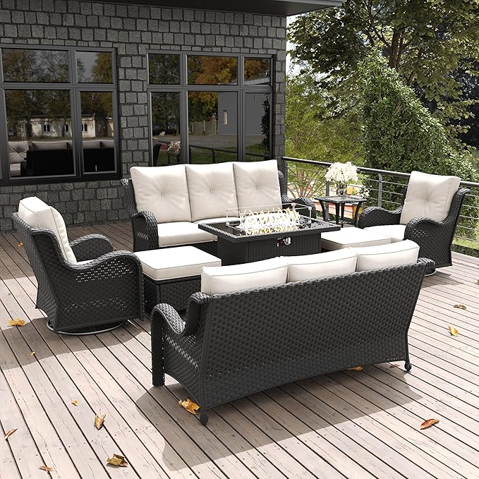 LayinSun 8 Pieces Outdoor Patio Furniture Set with Fire Pit Table, Rattan Wicker Sectional Swivel Rocker Chairs Sets with Ottomans, Swivel Glider Chair and Coffee Table