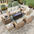 HERA'S HOUSE 8-Piece Patio Furniture Set, All Weather 9 Seats Outdoor Wicker Sofa with Ottomans, Rattan Patio Conversation Set with 5.5" Cushions and 57" Fire Pit Table, Beige