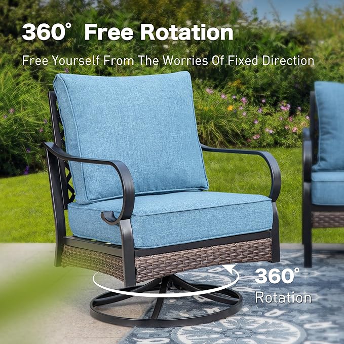 SUNSHINE VALLEY 5 Piece Metal Outdoor Patio Furniture Sets with Firepit Table, Patio Conversation Sets 1 3-Seater Sofa, 1 Loveseat, 2 Swivel Chair with 5.75" Cushion for Backyard Deck, Denim Blue