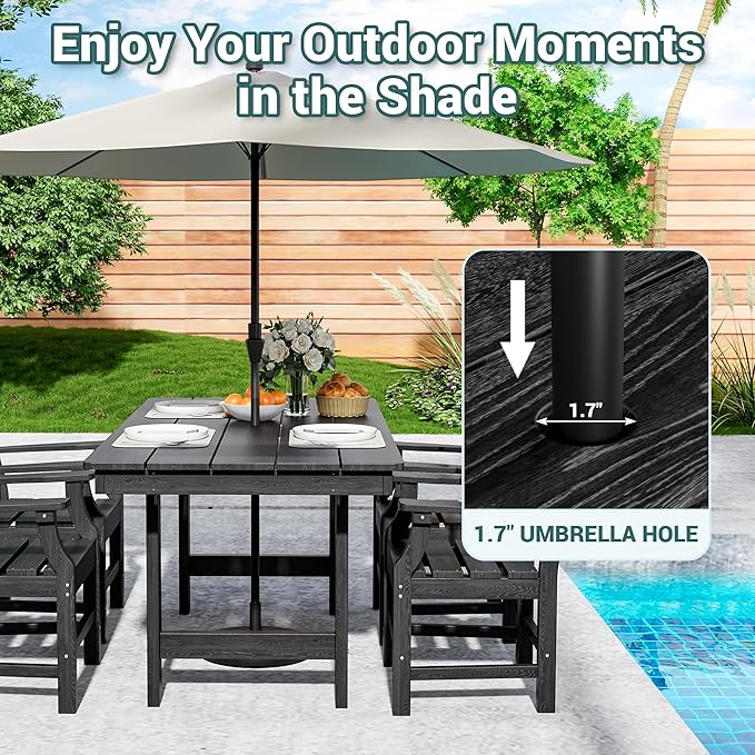 Pamapic 5-Piece Outdoor Dining Set, HDPE Outdoor Rectangular Table and 4 Chairs, Wood Grain Patio Furniture Sets with Armrest, All-Weather Patio Dining Table with Umbrella Hole, Black