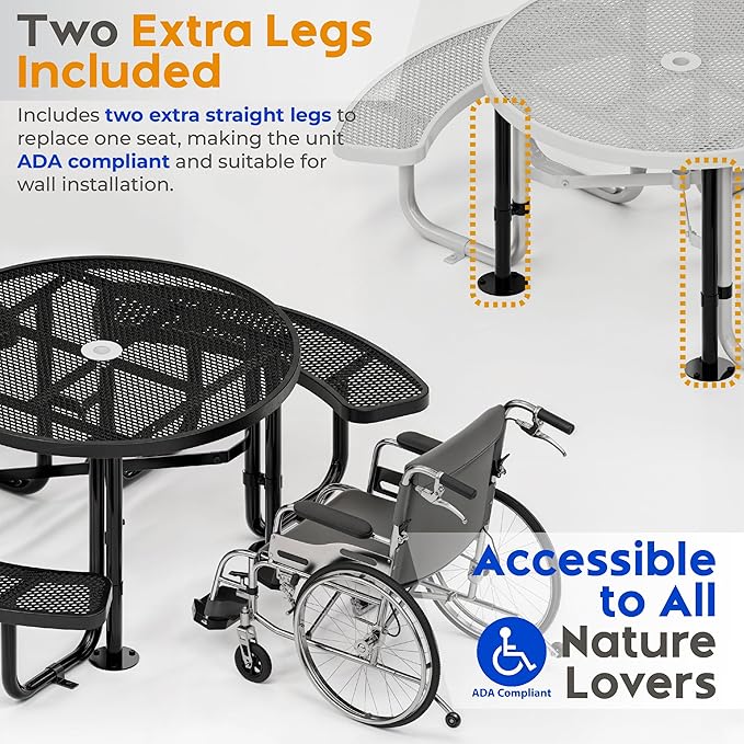 Metal Picnic Tables for Outdoors with Umbrella Hole - Coated Steel Heavy Duty Commercial Grade Furniture Set with Adjustable Seats (Black, 46 in, Round, Expanded Steel)
