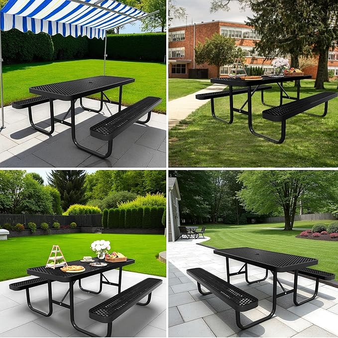 HIMcup 6FT Rectangular Steel Outdoor Picnic Table,Commercial Black Picnic Table Bench Set with Umbrella Hole, Weather-Resistant Heavy Duty School Dining Table for Patio, Garden, Backyard