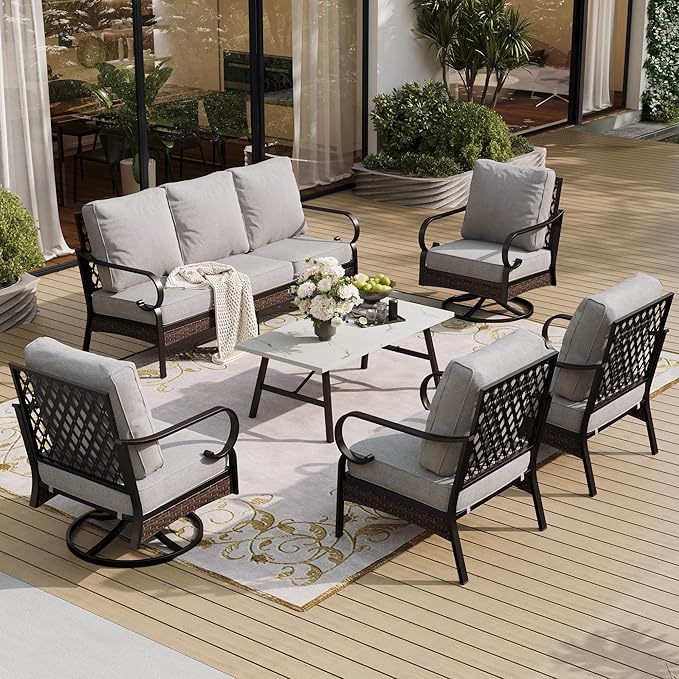 SUNSHINE VALLEY 6-Piece Metal Outdoor Patio Furniture Set - Black & Light Gray with 1 3-Seater Sofa, 2 Fixed & 2 Swivel Sofas, Coffee Table