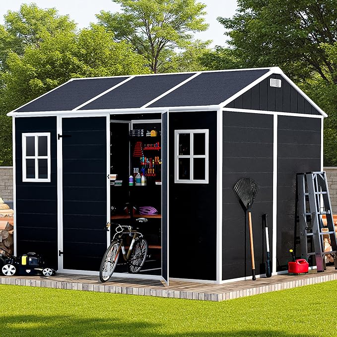 Outdoor Storage Shed 7.5x7 FT, Resin Shed with Floor & Window, Lockable Door, Vents, Outside Sheds & Garden Shed for Patio Furniture, Gardening Tools, Pool Equipment (Dark Gray, 7.5 * 7ft)