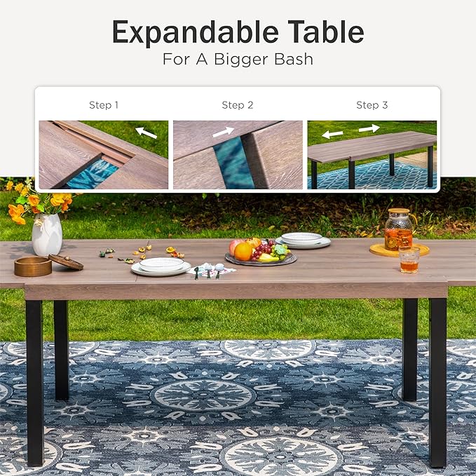PHI VILLA Outdoor Metal Expandable Dining Table, Wood-Like Wrought Iron Extendable Table for 6-8 Person, Heavy-Duty Large Rectangular Table Furniture for Patio, Deck, Backyard, Porch