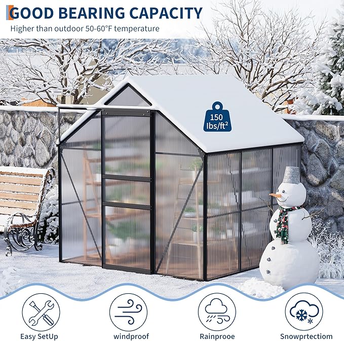 Garvee 6 x 6 FT Outdoor Greenhouse, Polycarbonate Greenhouses with Aluminum Frame, Sliding Door, Adjustable Roof Vent for Backyard, Green Houses for Outside Garden Backyard, Patio, Black