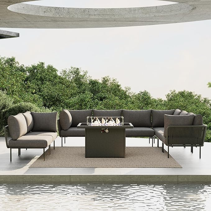 9 Piece Modern Outdoor Rope Wicker Sectional Patio L-Shaped Conversation Sofa Set Deep Seating with Fire Pit Table