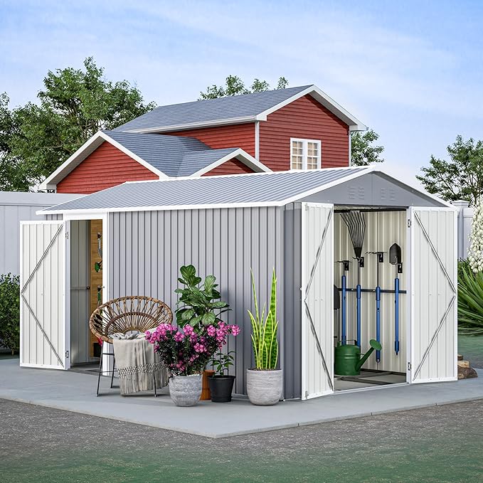8x12 FT Metal Outdoor Storage Shed with Adjustable Side Door & Lockable Double Doors, Aluminum Frame, Weatherproof Tool Shed with Floor Frame for Garden, Backyard & Equipment Storage
