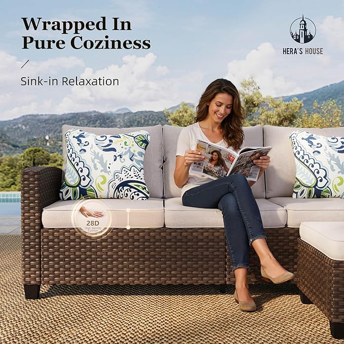 Small Patio Furniture Set, 3 Pieces Wicker Outdoor Sectional Set, L-Shaped Patio Couch Set, Modular Rattan Conversation Set with Lounge Sofa and Ottomans for Deck Lawn Garden, Beige