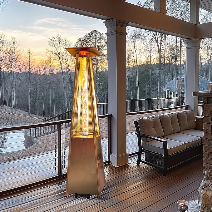 48,000 BTU Flame Pyramid Pool Heater With Cover, Stainless Steel Triple Safety Protection Patio Heater with Patio Cover, Warm Glass Tube Portable with Durable Wheels-Stainless Steel Color