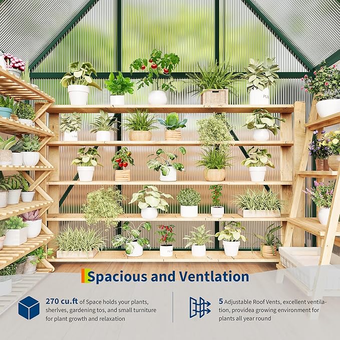6 x 4 ft Greenhouse, Polycarbonate Walk-in Greenhouse with Aluminum Frame, Adjustable Roof Vent and Lockable Door, Green Houses for Outside, Garden, Backyard and Patio, Easy Assembly
