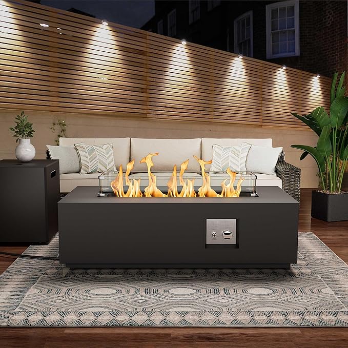 Dineli 2-Piece Outdoor Propane Fire Pit Table Set w Tank Table 42'' Rectangular Firepit Gas Fire Pits for Outside Patio Fire Table Tabletop Fire Pits w LED, 50,000 BTU, Black