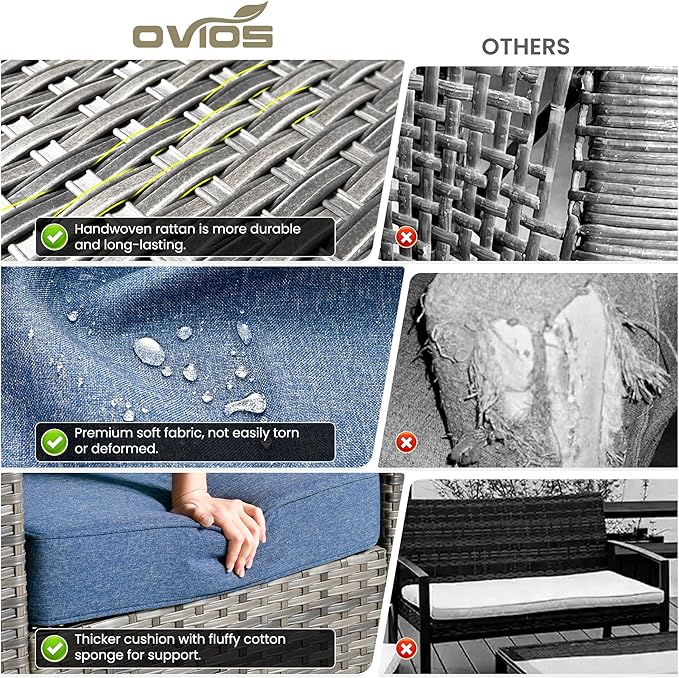 ovios 6 Pieces Patio Furniture Set with 42" Fire Pit Table, Outdoor Wicker Sofa with Comfy Cushions, All Weather High Back Rattan Couch Conversation Set, Denim Blue