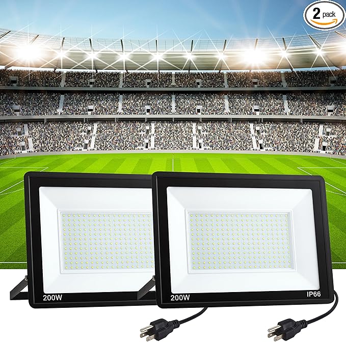 2 Pack 200W LED Flood Lights Outdoor Plug in,25000 LM Super Bright Outdoor Stadium Lights, IP66 Waterproof 6000K Daylight White Security Lights,Floodlights for Garage,Yard,Garden,Playground,Patio