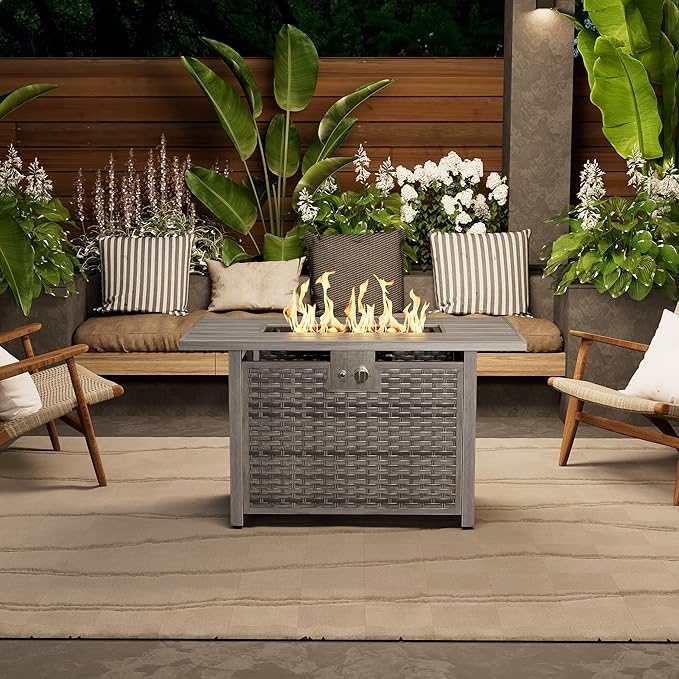 Dineli 43-Inch Rectangular Propane Fire Pit Firepits for Outside Patio Fire Pit Table, Gas Fire Pits with Adjustable Feet, Tabletop Fire Pits for Backyard Deck Balcony, 50,000 BTU, Light Gray