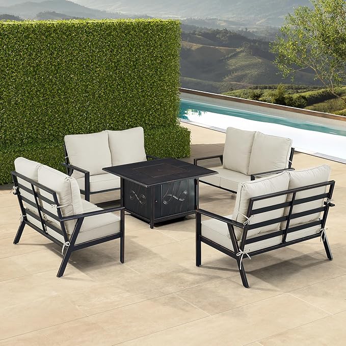 Oakland Living Black Aluminum Patio Fire Table Set with Four Deep Seating Loveseats with Cushions with Light Grey Cushions