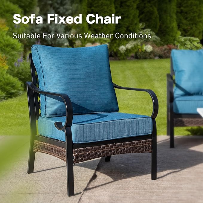 SUNSHINE VALLEY 6 Piece Black Metal Outdoor Patio Furniture Sets with Firepit Table, Patio Conversation Sets 1 3-Seater Sofa, 4 Single Sofa with 5.75" Extra Cushion Backyard Furniture for Deck, Blue-2