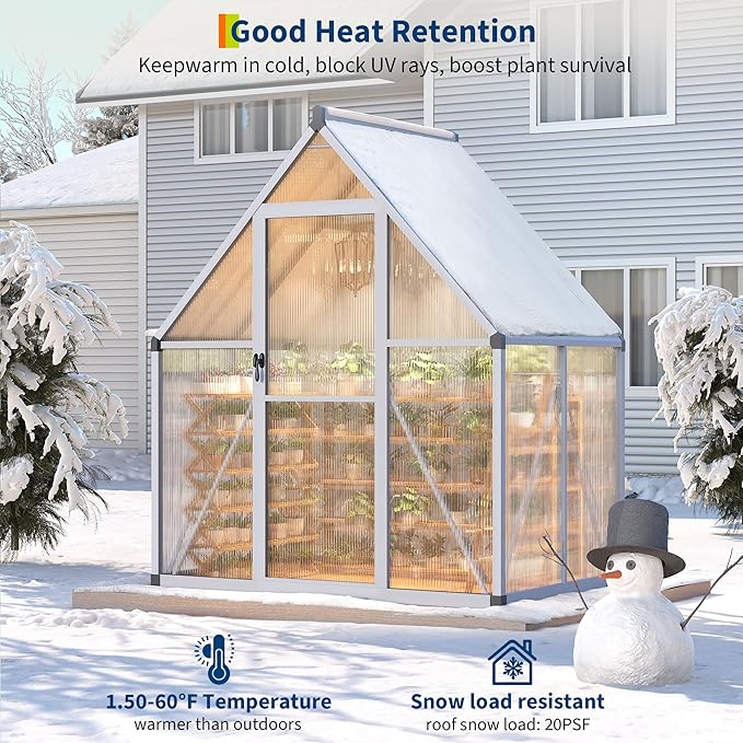 6 x 4 ft Greenhouse, Polycarbonate Walk-in Greenhouse with Aluminum Frame, Adjustable Roof Vent and Lockable Door, Green Houses for Outside, Garden, Backyard and Patio, Easy Assembly