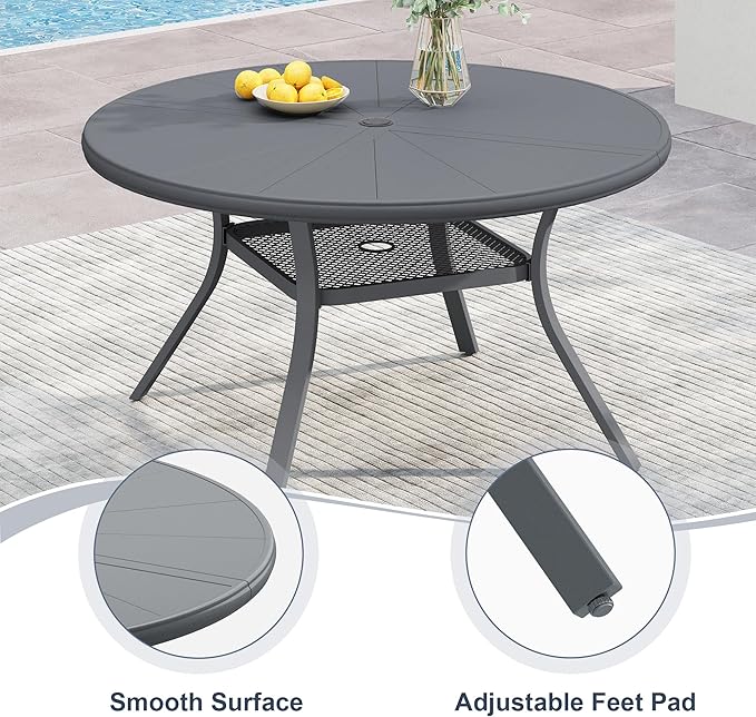 VICLLAX Round Patio Dining Table, 4-6 Person Aluminum Outdoor Dining Table with Umbrella Hole and Storage Shelf for Garden Lawn Deck, 47.2" Dark Grey