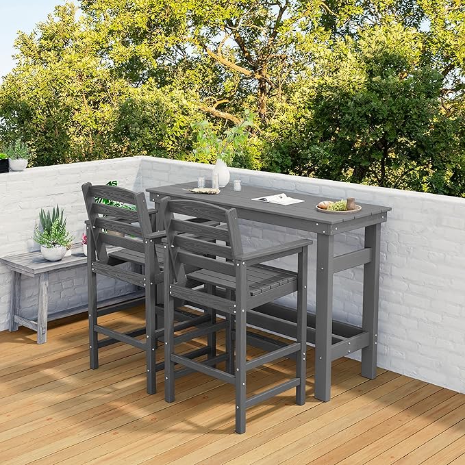 SERWALL Outdoor Bar Set - 2 Adirondack Bar Chairs & Bar Height Table with 1.6" Umbrella Hole, All-Weather HDPE Patio Furniture for Poolside, Backyard, Garden - Grey
