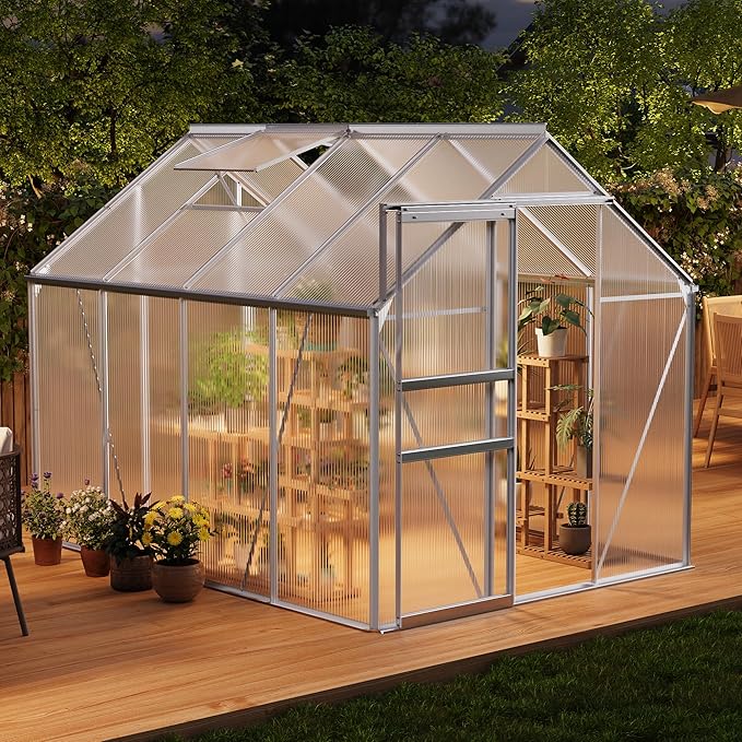Garvee 6 x 8 FT Outdoor Greenhouse, Polycarbonate Greenhouses with Aluminum Frame, Sliding Door, Adjustable Roof Vent for Backyard, Green Houses for Outside Garden Backyard, Patio, Silver