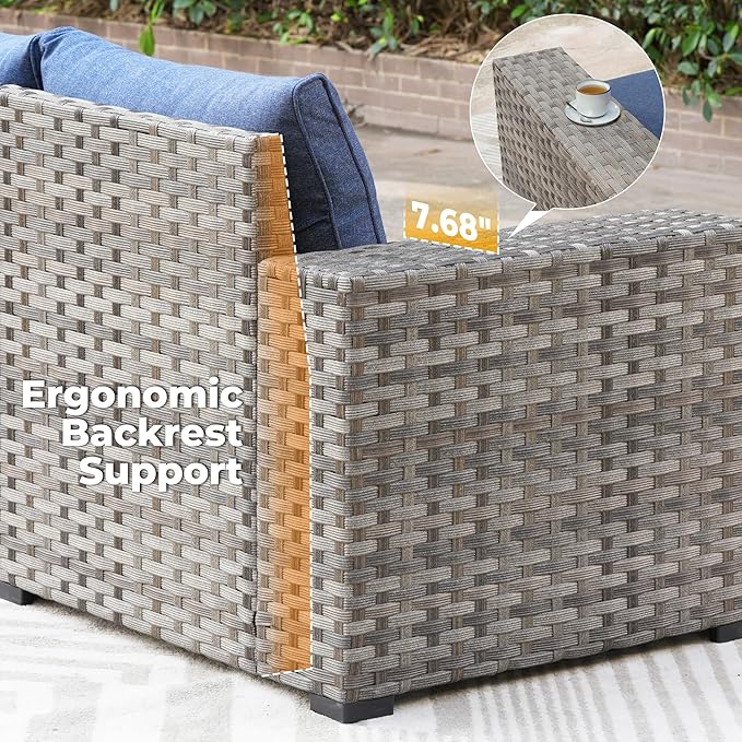 ovios 9 Pieces Patio Furniture Set, Outdoor Wicker Sectional Sofa with 42" Firepit Table Swivel Chair, Modern Modular Deep Seat Rattan Couch Conversation Sets, Denim Blue